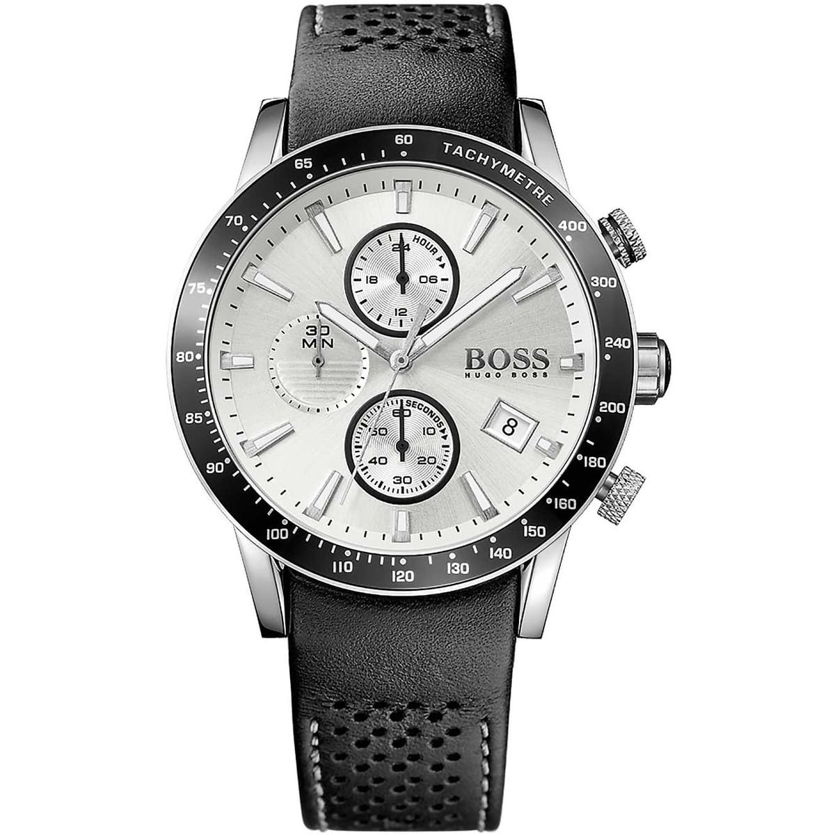 Hugo Boss Rafale chronograph watch with silver dial, black leather strap, and tachymeter bezel