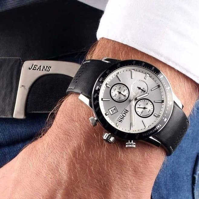 Hugo Boss Rafale chronograph watch worn on wrist with white shirt cuff