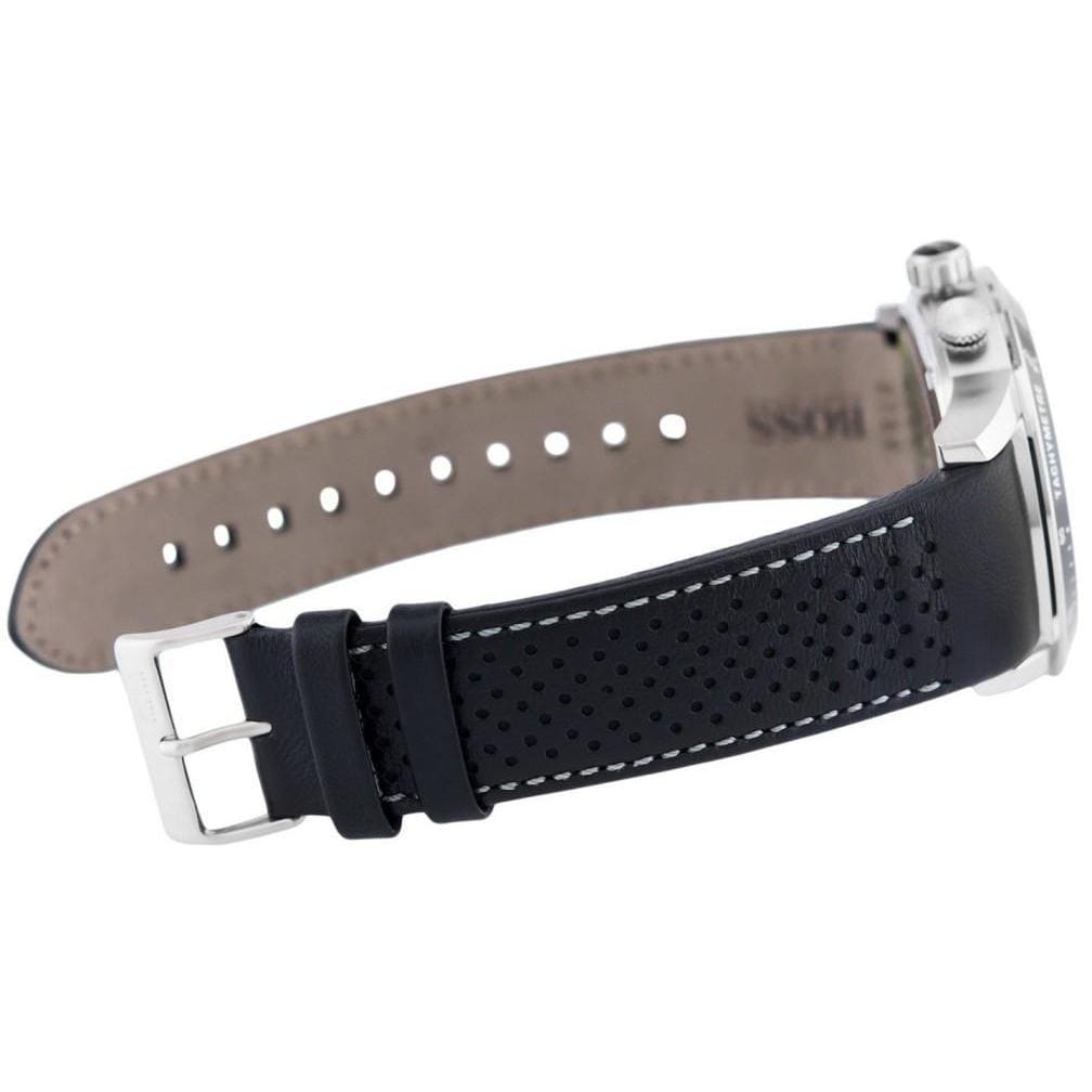 Hugo Boss Rafale black leather strap with perforated texture and white stitching detail