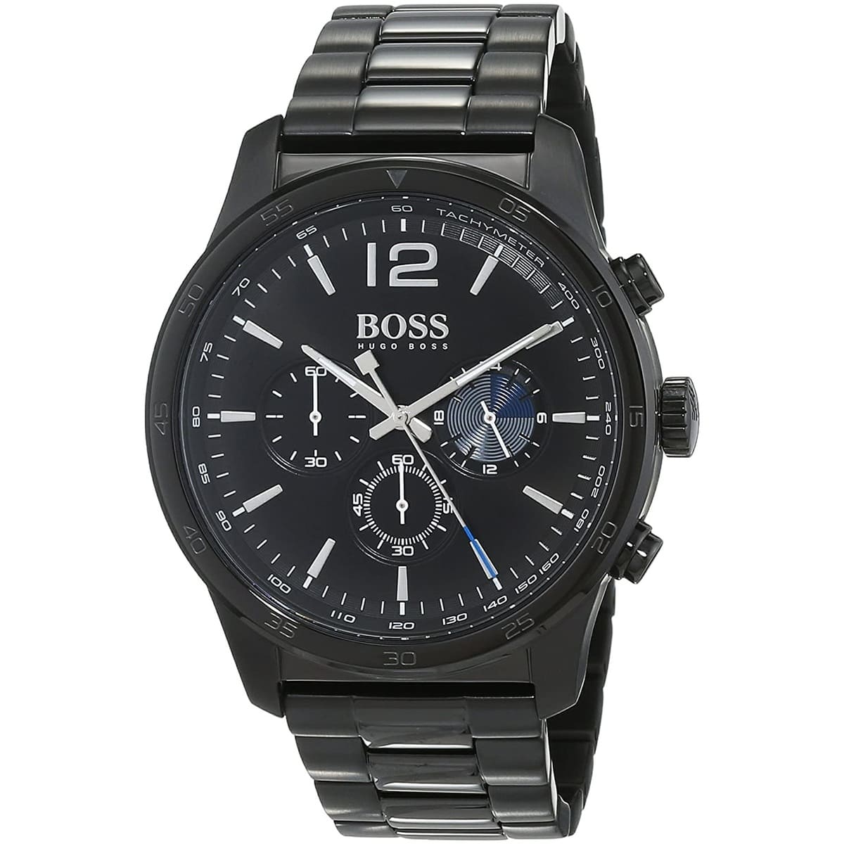 Hugo Boss 1513528 chronograph watch angled view showing black metal bracelet and multi-function dial