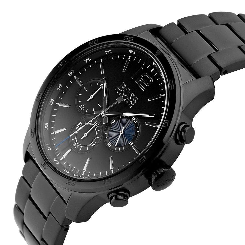 Hugo Boss 1513528 chronograph watch side profile with black metal bracelet and chronograph pushers