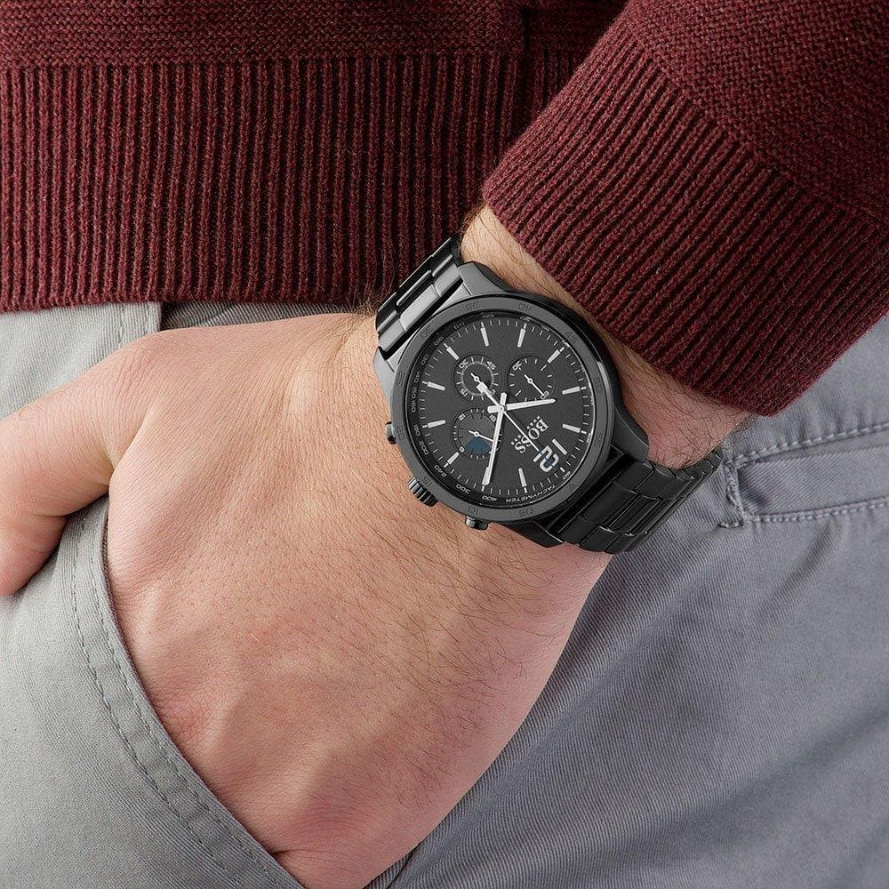 Hugo Boss 1513528 chronograph watch worn on wrist with burgundy and neutral clothing