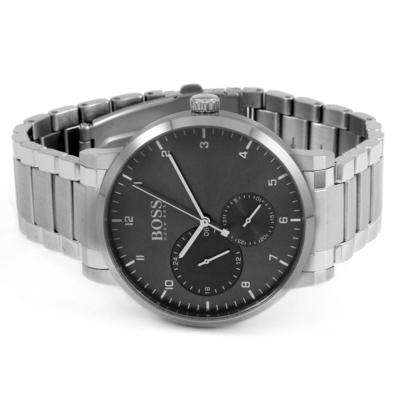 Hugo Boss PIONEER watch with black dial displayed on white background