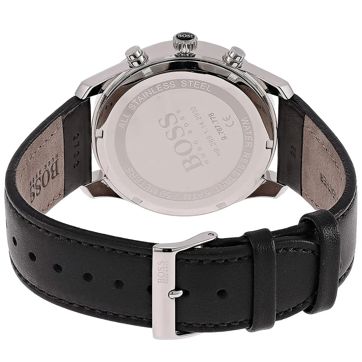 Hugo Boss Navigator watch caseback showing stainless steel case with engraved branding and dial