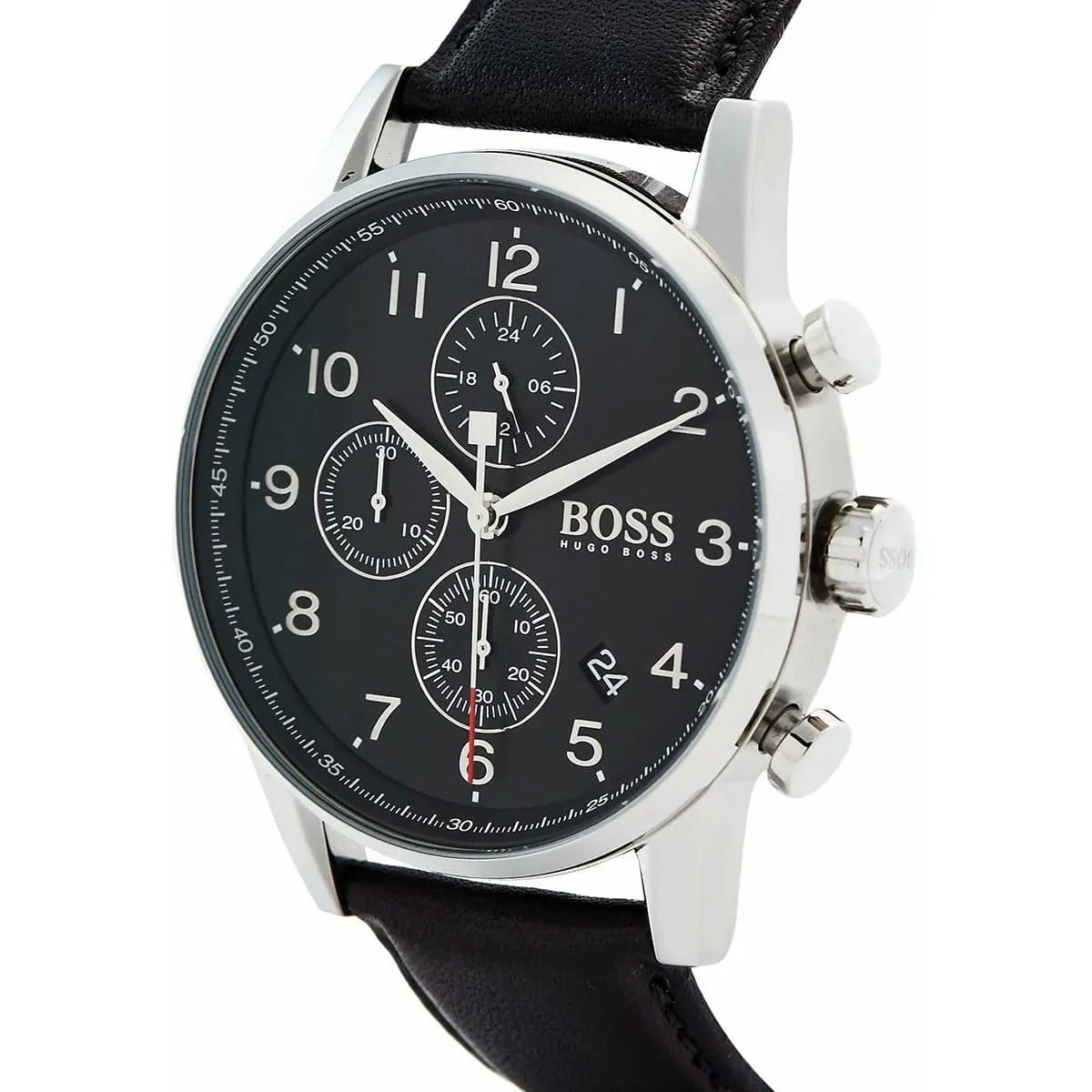 Hugo Boss Navigator chronograph watch side view displaying stainless steel case and pushers