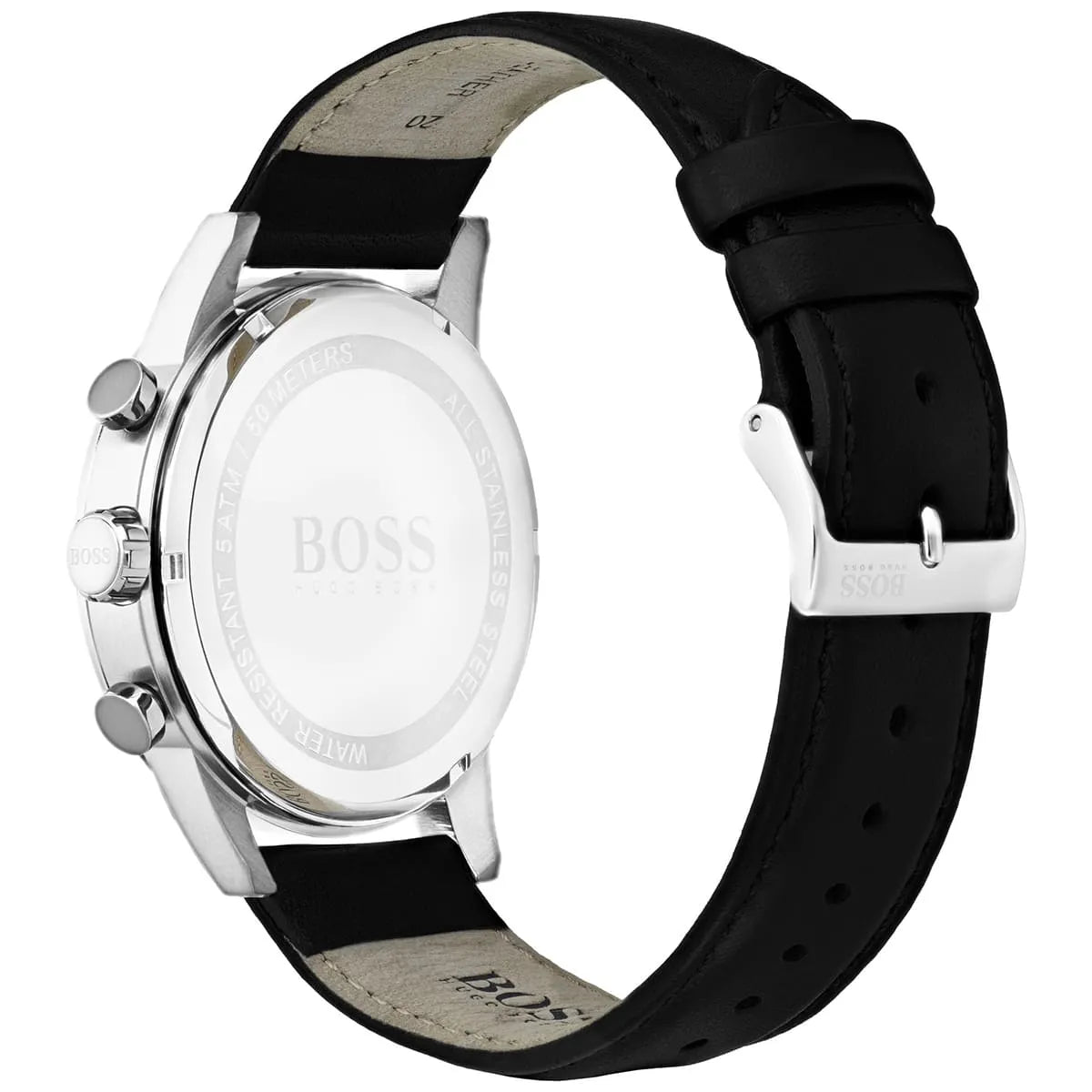 Hugo Boss Navigator chronograph watch worn on leather strap showing case side and buckle mechanism