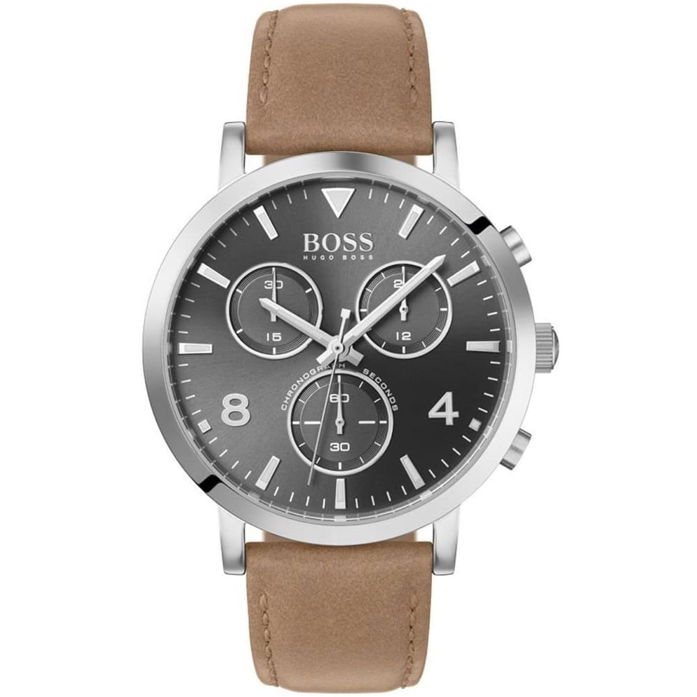 Hugo Boss chronograph watch with black dial and brown leather band