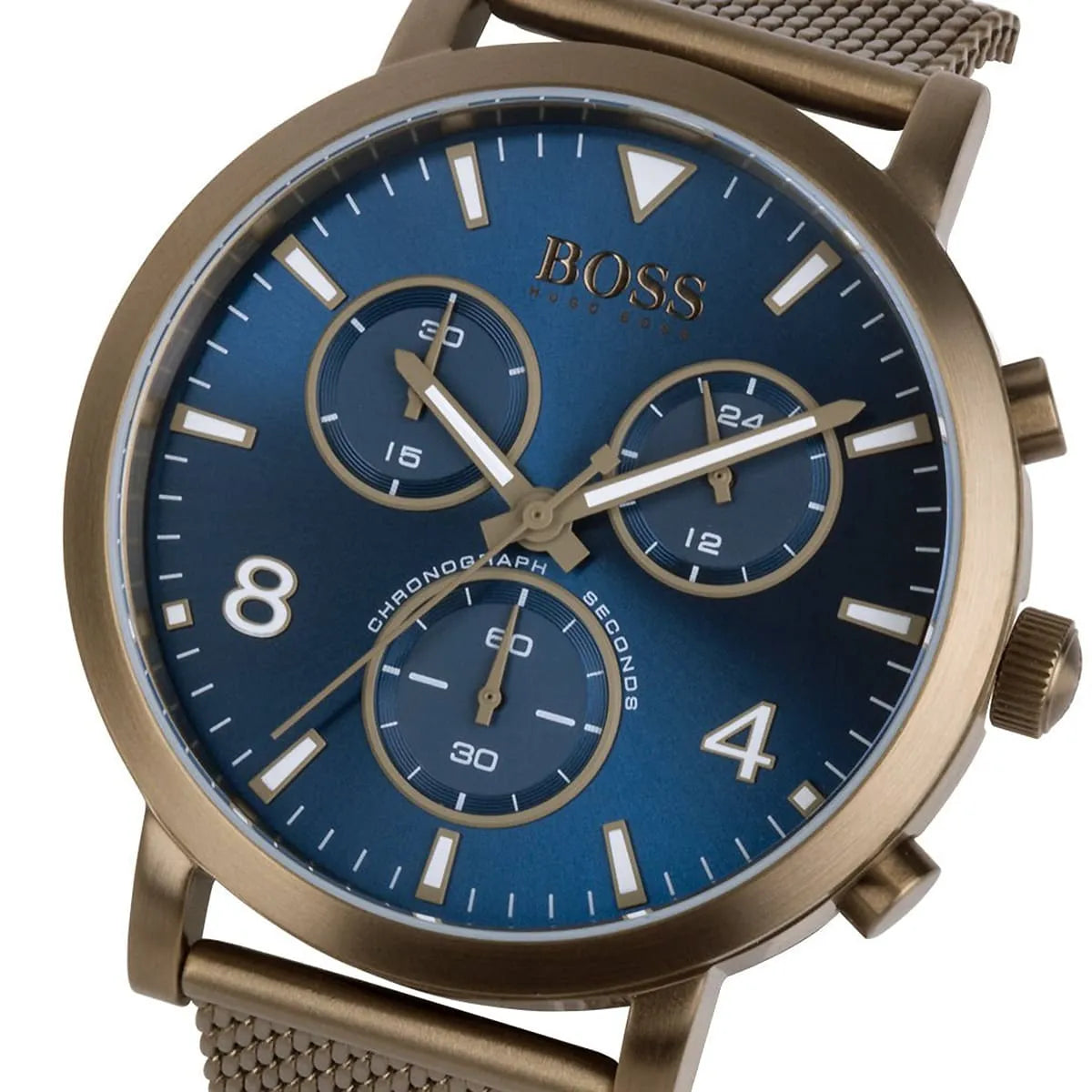 Close-up of blue dial with three chronograph sub-dials and BOSS branding