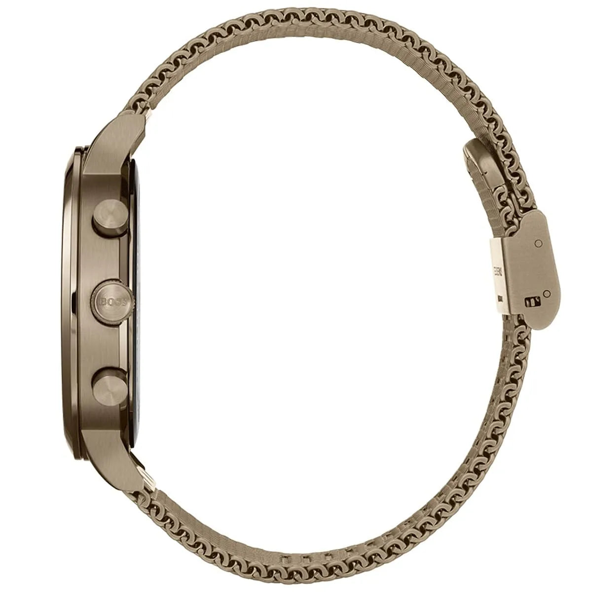 Side profile showing case thickness with mesh strap and fold-over clasp