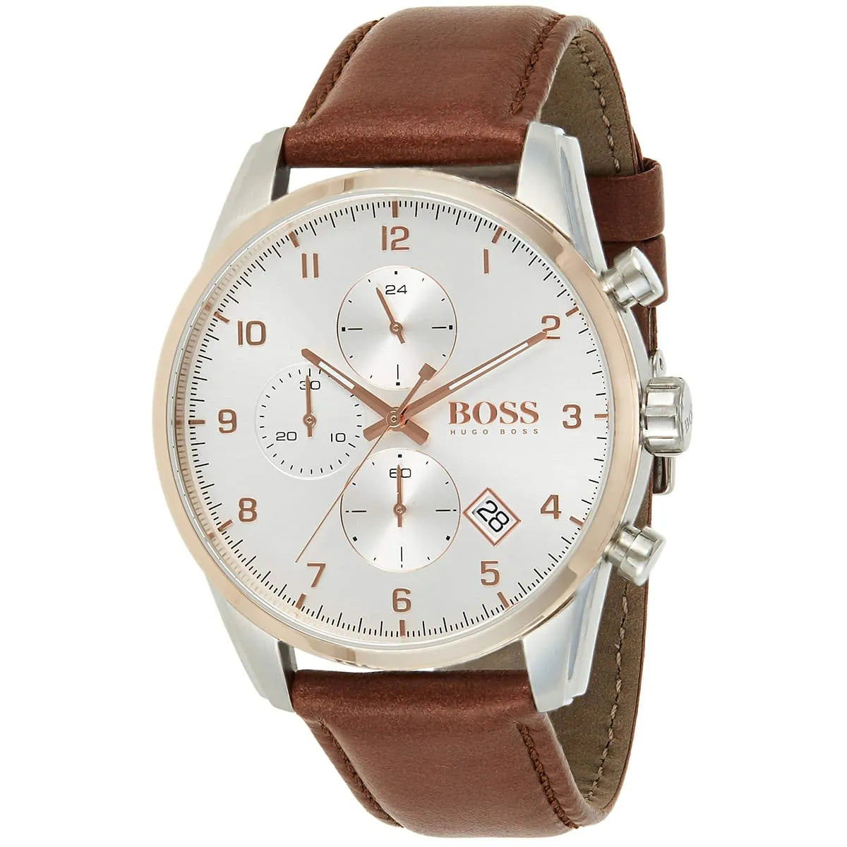 Hugo Boss Skymaster Chronograph Silver Case with White Dial and Brown Leather Strap Men's Watch - 1513786