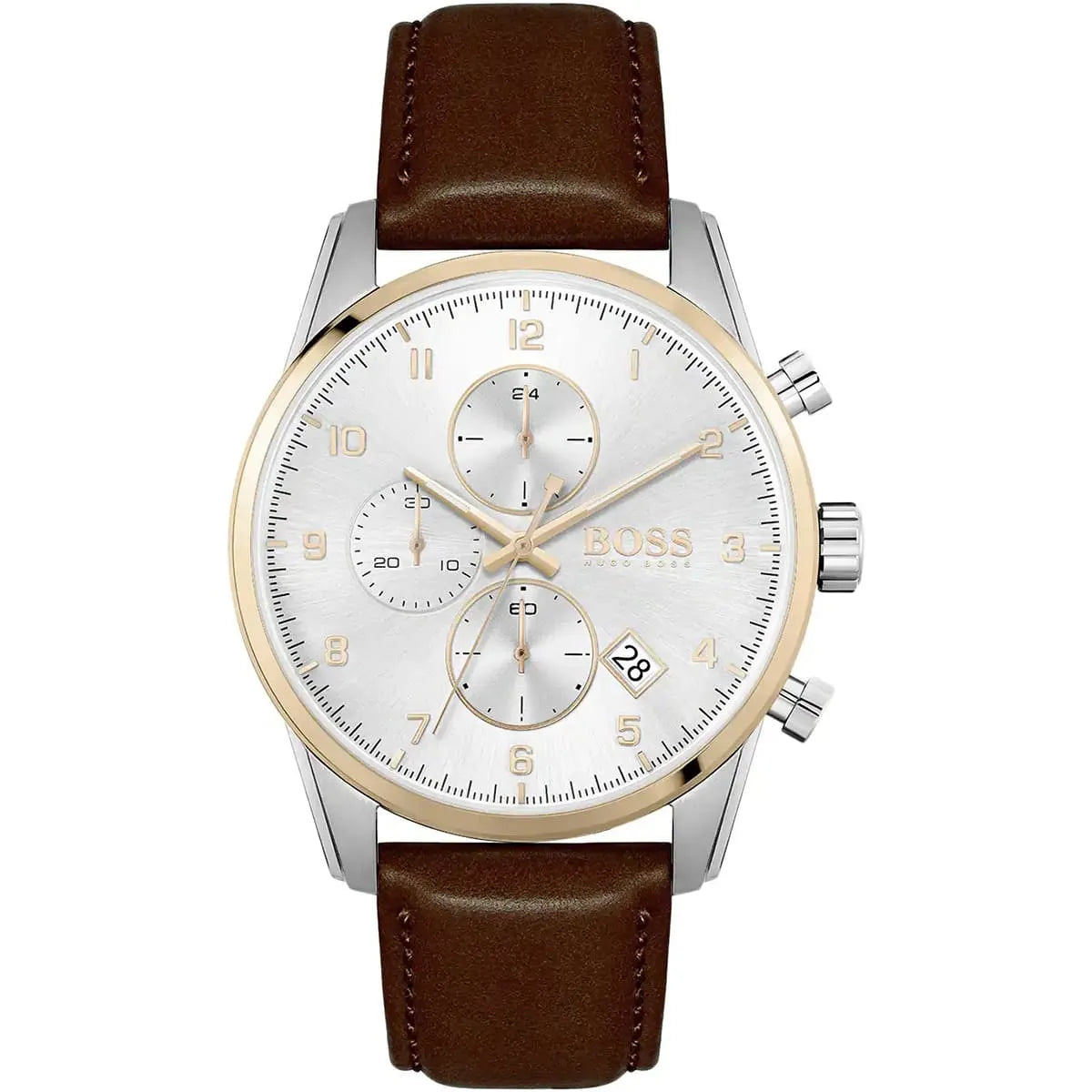 Hugo Boss Skymaster Chronograph Silver Case with White Dial and Brown Leather Strap Men's Watch - 1513786