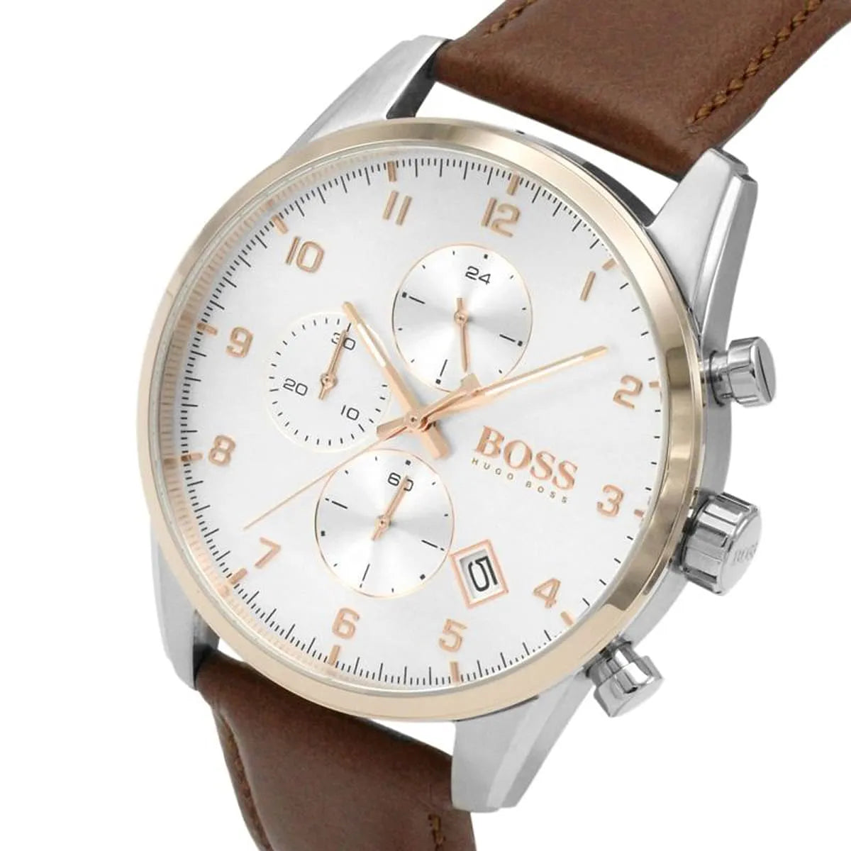 Hugo Boss Skymaster Chronograph Silver Case with White Dial and Brown Leather Strap Men's Watch - 1513786