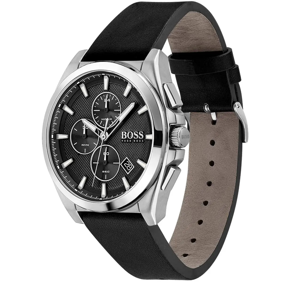 Hugo Boss Grandmaster watch showing black leather strap and case side view