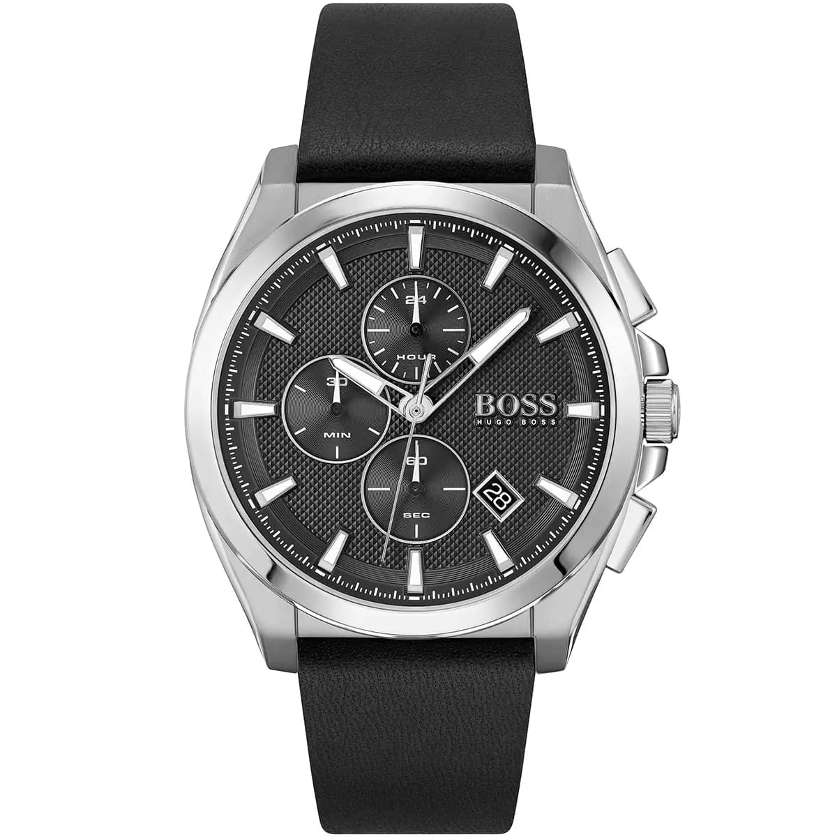 Hugo Boss Grandmaster chronograph watch with black dial and silver case