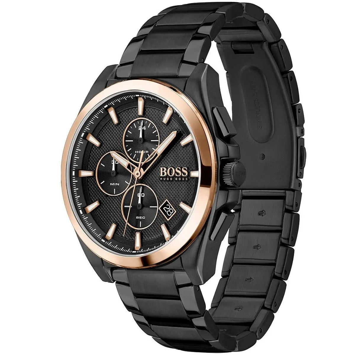 Hugo Boss Grandmaster watch shown at angle with black metal bracelet and rose gold bezel