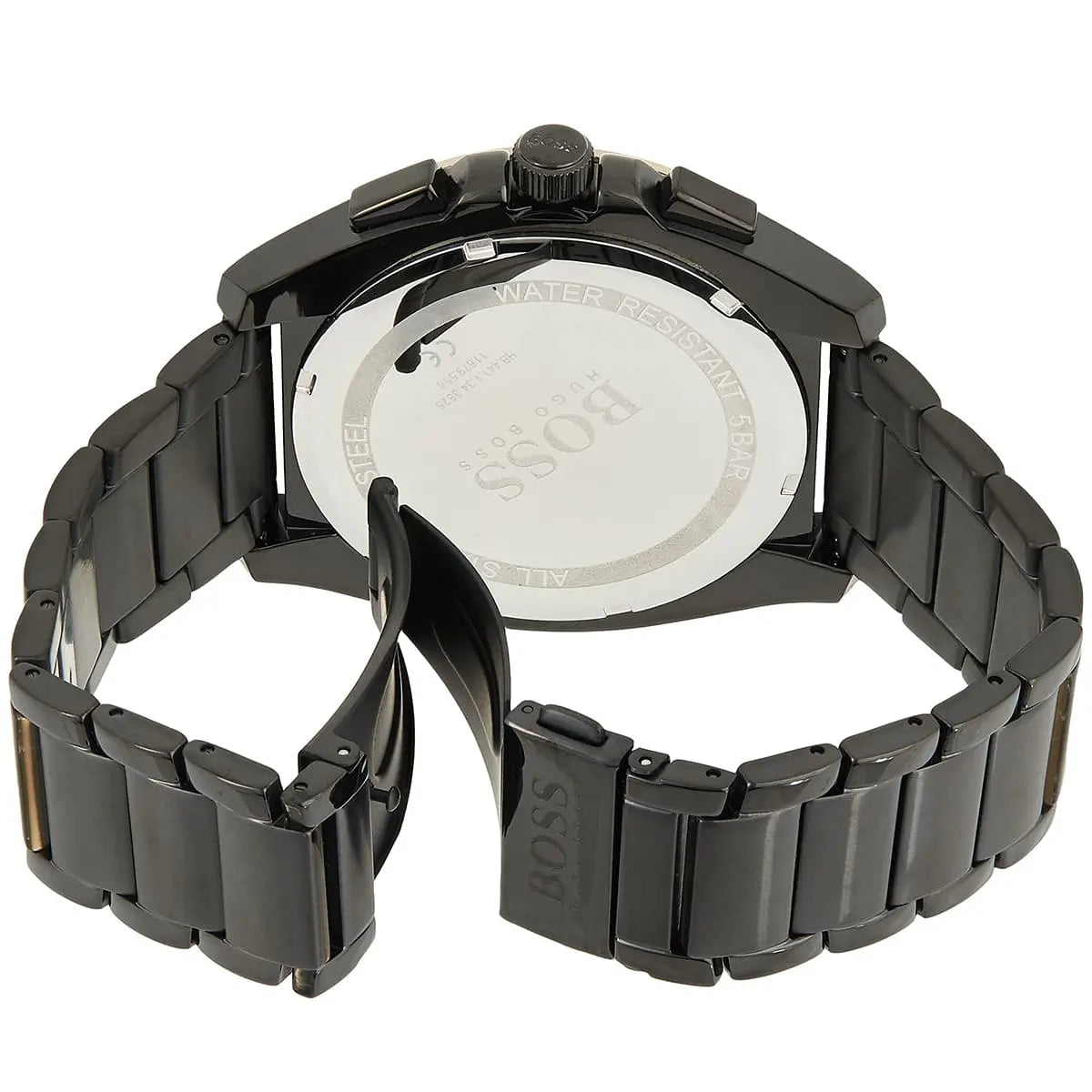 Hugo Boss Grandmaster caseback view showing water-resistant case with stainless steel band