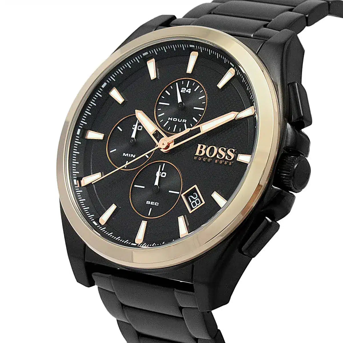 Hugo Boss Grandmaster dial detail showing chronograph subdials and rose gold hands