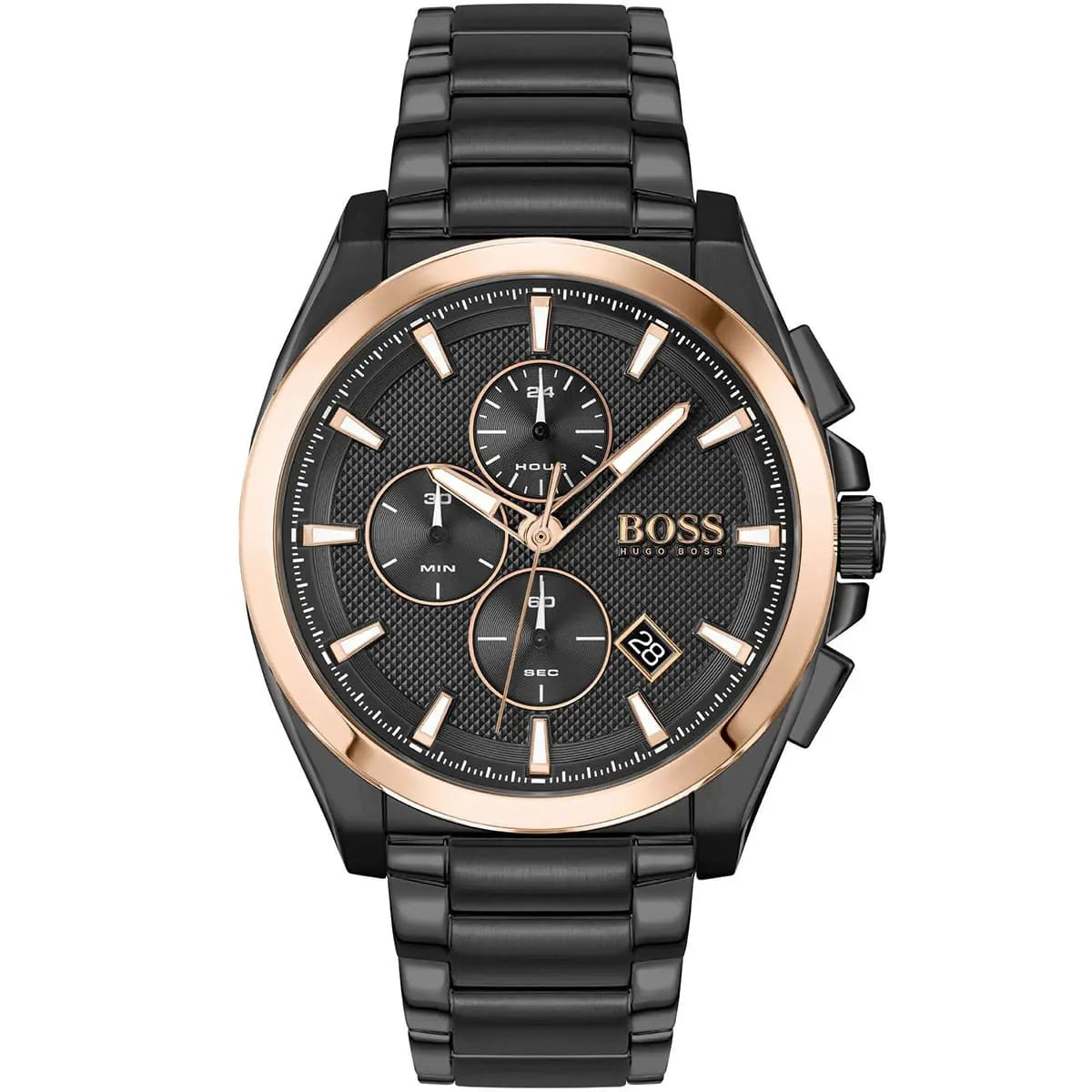 Hugo Boss Grandmaster chronograph men's watch with black dial, rose gold bezel, and stainless steel bracelet