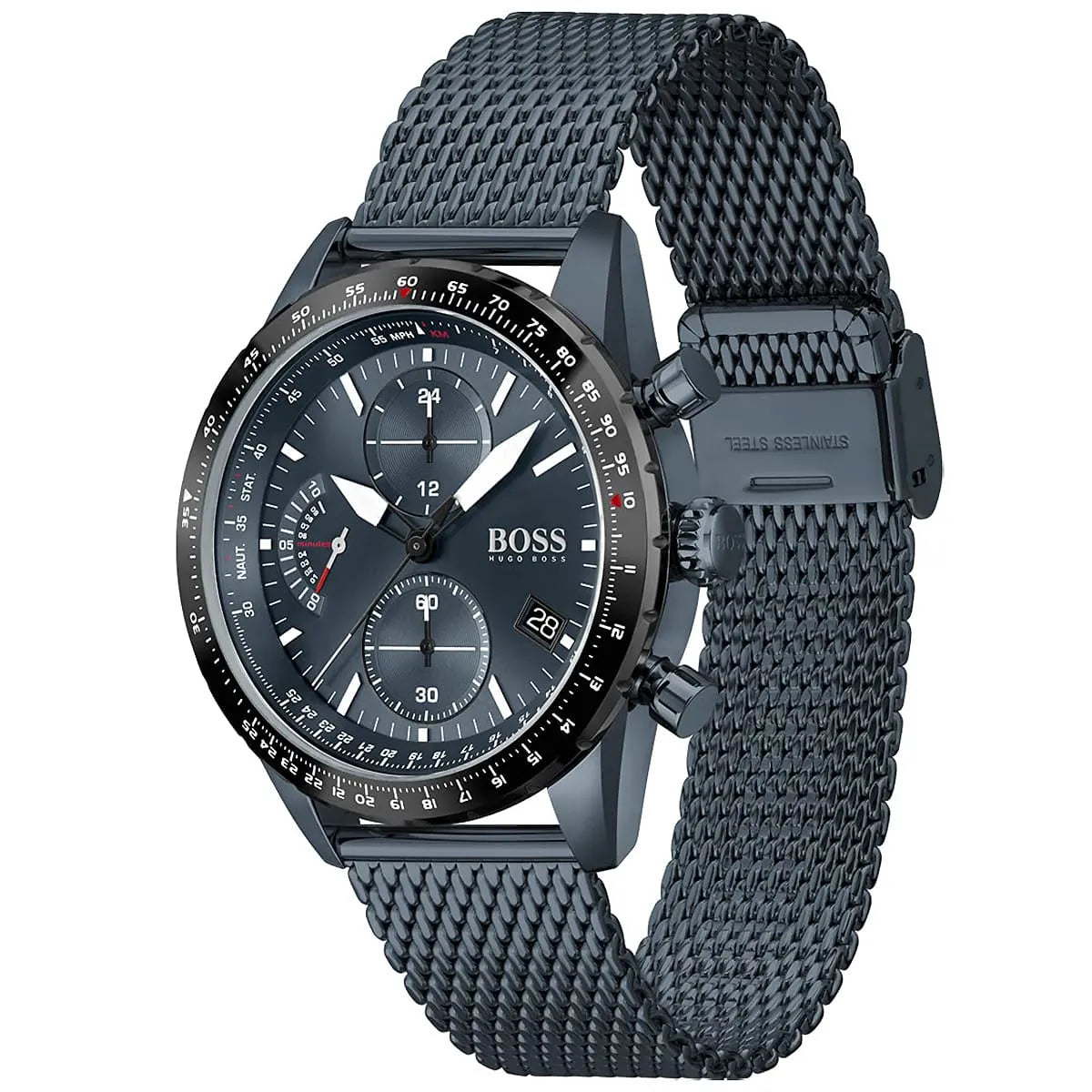 Hugo Boss Pilot Edition watch angled view showing blue mesh strap and chronograph subdials