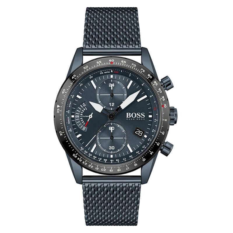 Hugo Boss Pilot Edition chronograph watch with blue dial and blue mesh bracelet