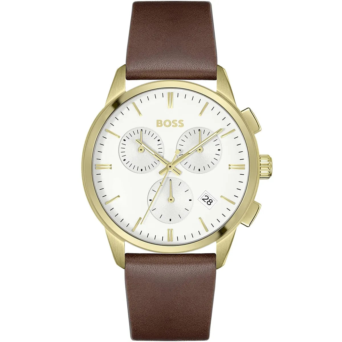 Hugo Boss Dapper chronograph watch with white dial, gold-tone case, and brown leather strap