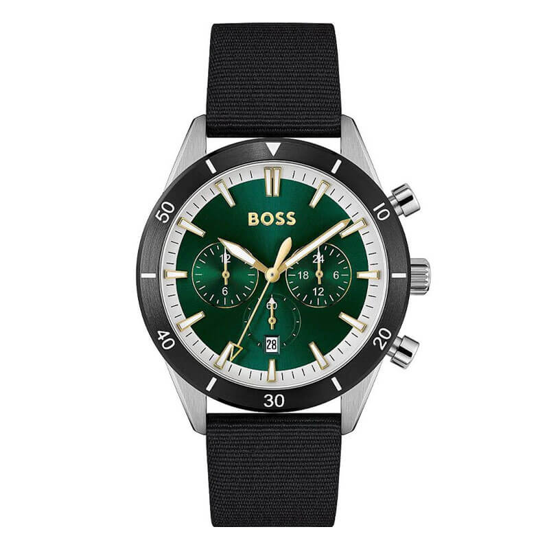Hugo Boss Santiago Chronograph 44mm Green Dial Black Textile Strap Men's Watch - 1513936