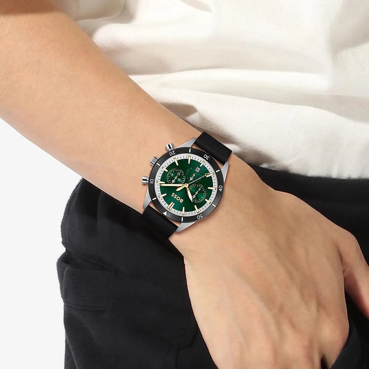 Hugo Boss Santiago Chronograph 44mm Green Dial Black Textile Strap Men's Watch - 1513936