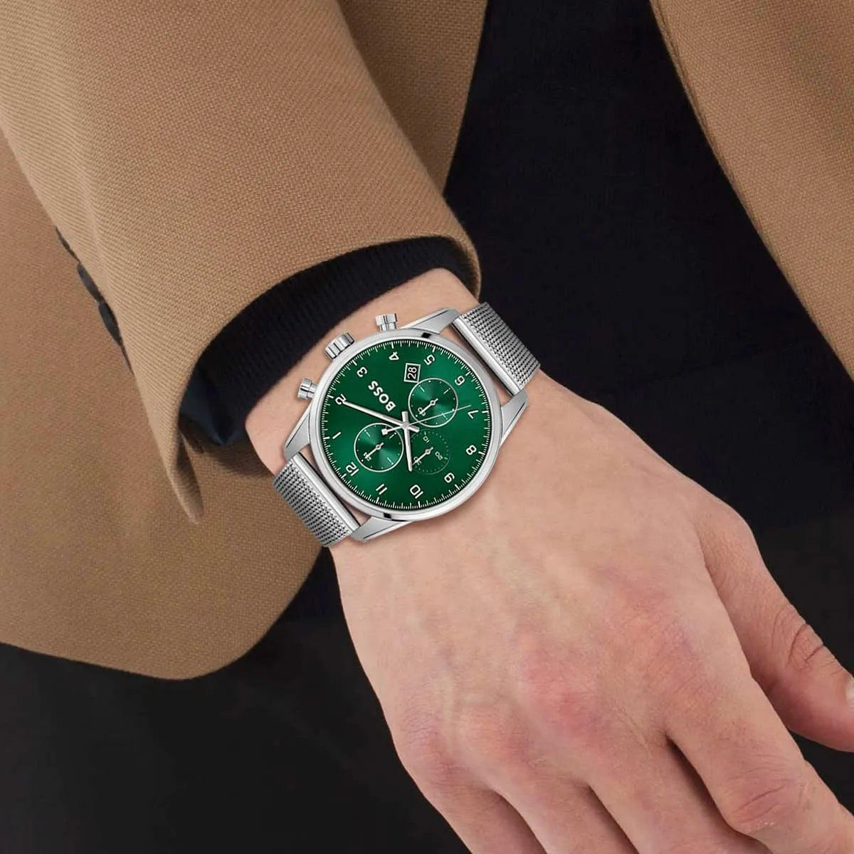 Hugo Boss Skymaster Chronograph Green Dial Silver Mesh Bracelet Watch for Men - 1513938 1513938 - Image 6