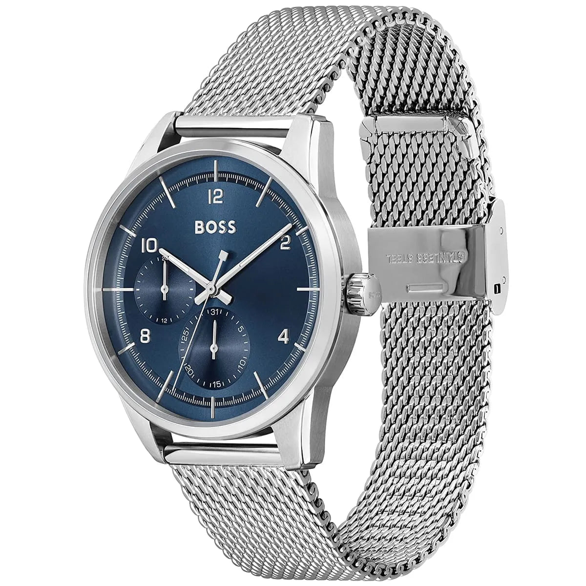 Hugo Boss Sophio watch at angle showing blue dial and silver mesh bracelet