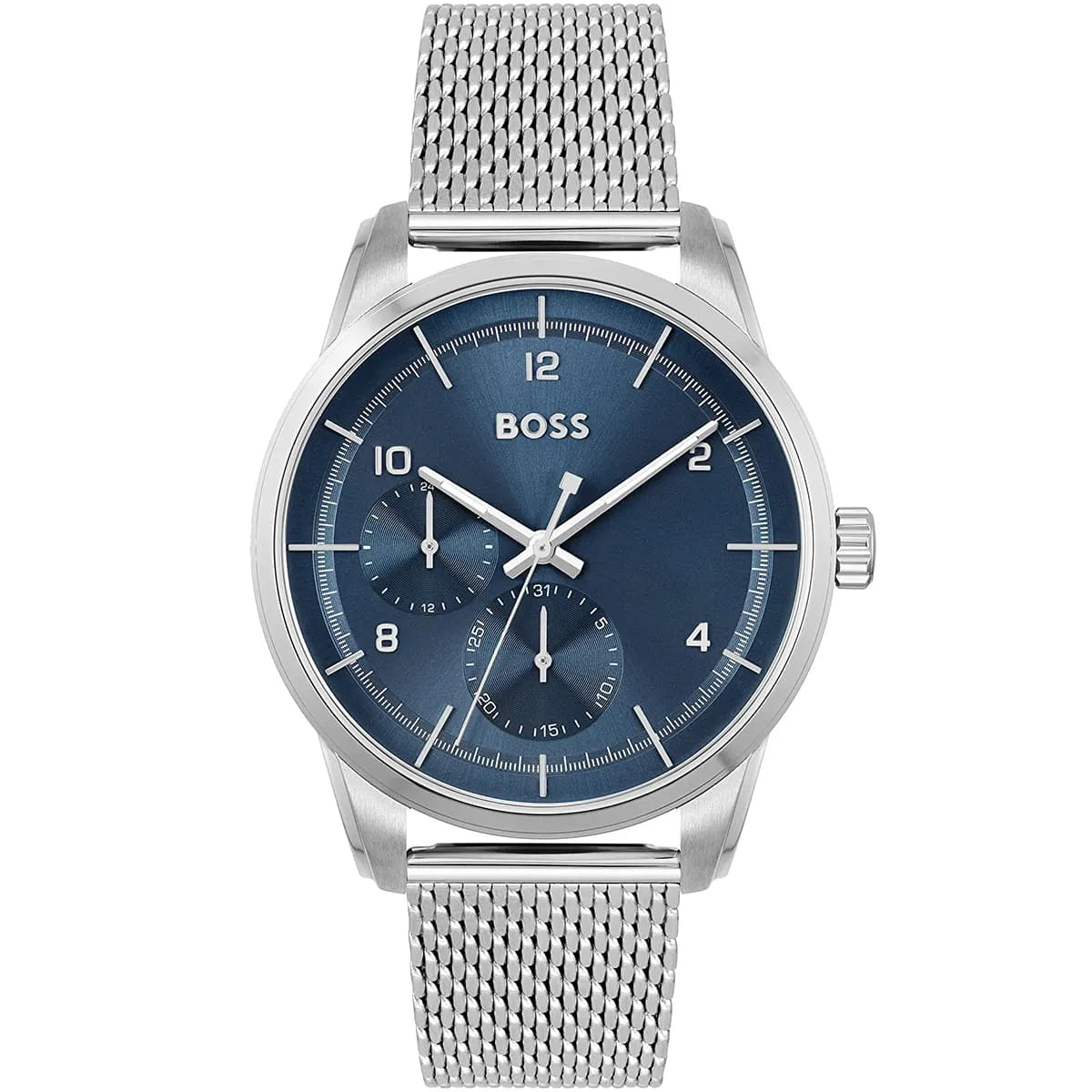 Hugo Boss Sophio men's watch with blue dial and silver mesh bracelet, front view