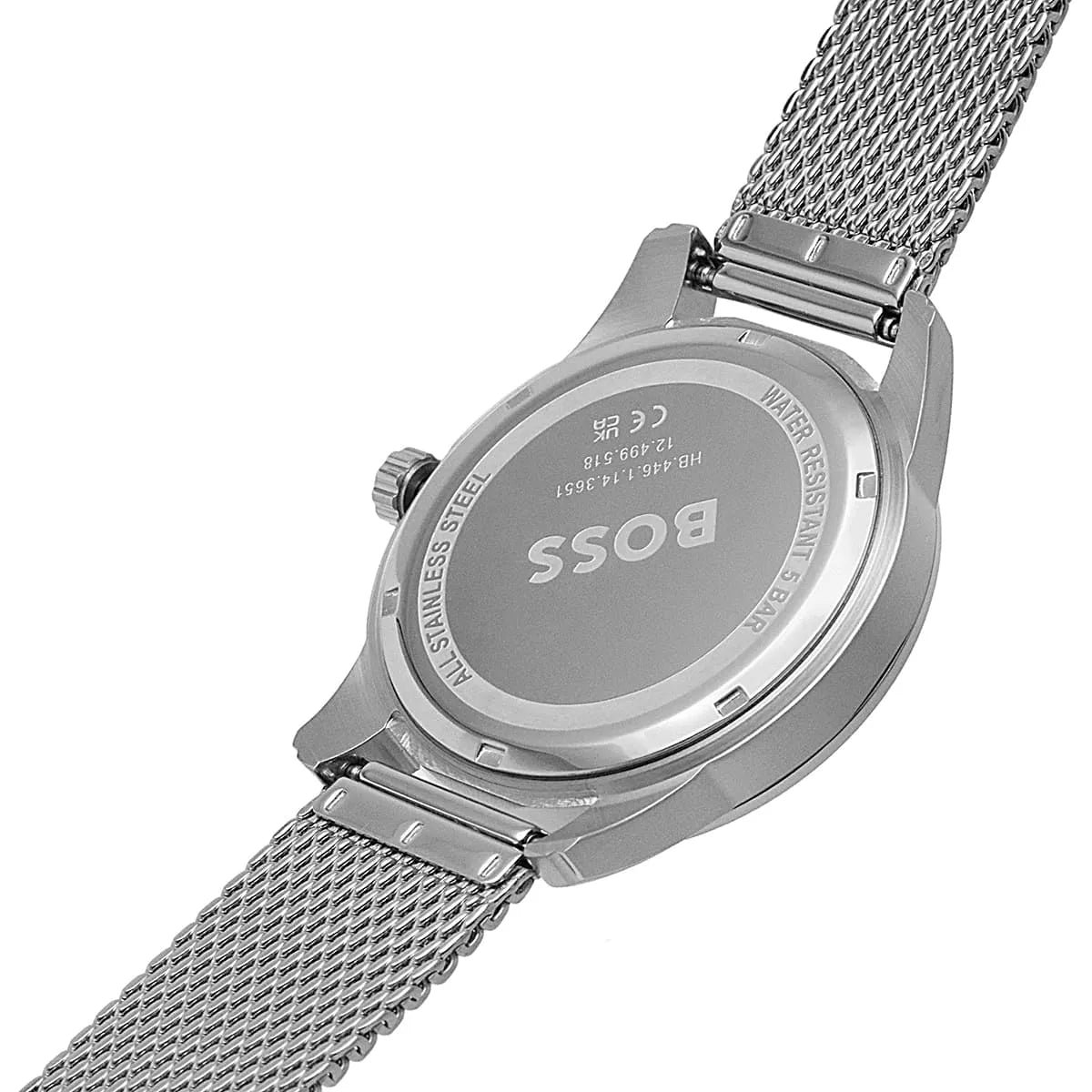 Hugo Boss Sophio watch angled view displaying blue dial and mesh bracelet detail