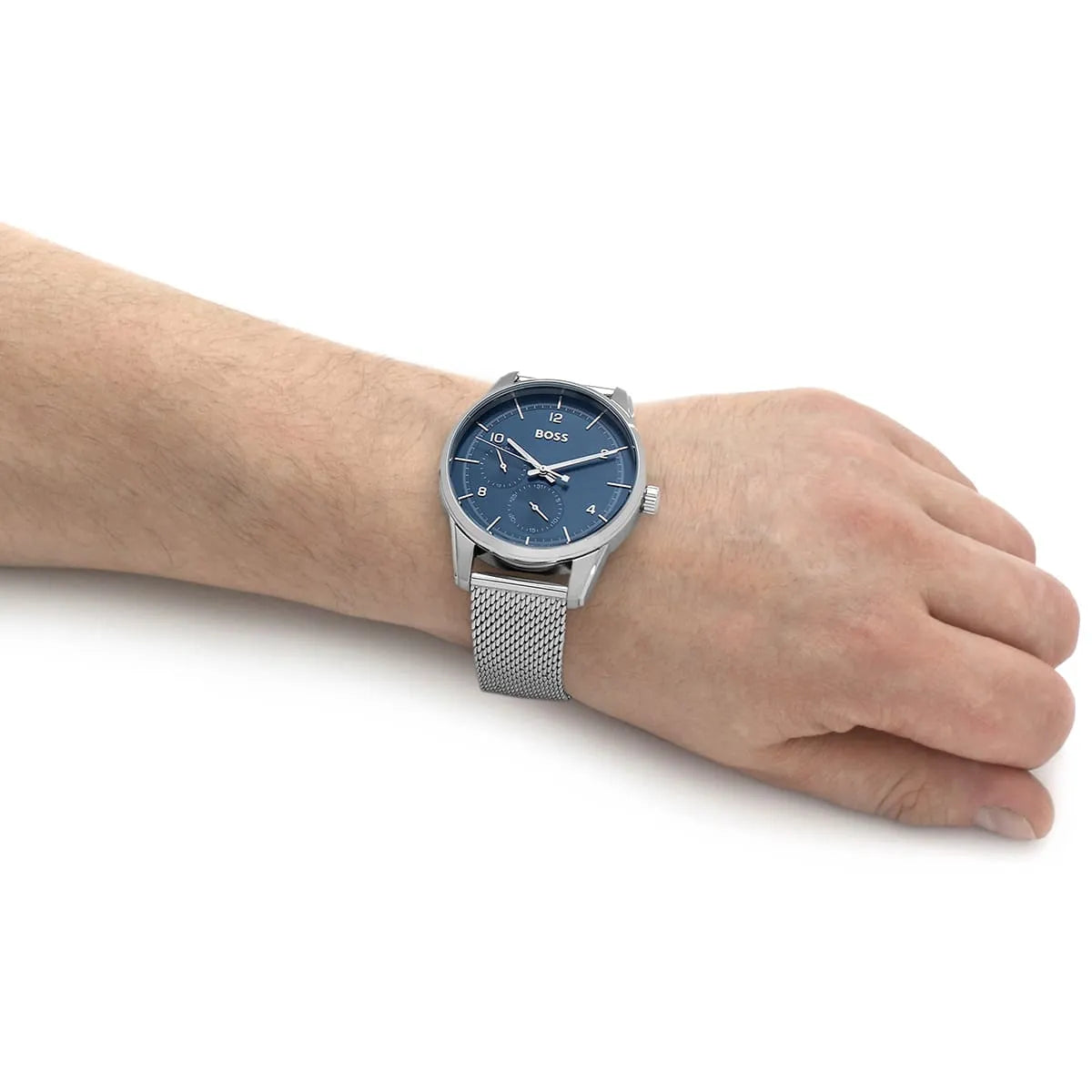 Hugo Boss Sophio watch worn on wrist showing blue dial and mesh bracelet fit