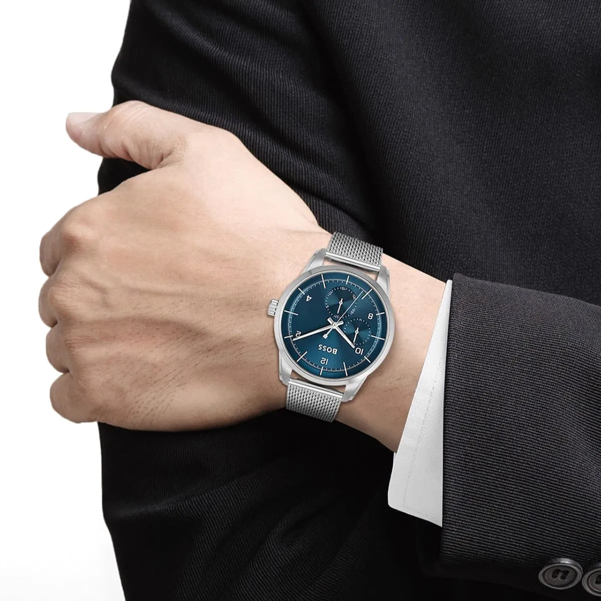 Hugo Boss Sophio watch on wrist demonstrating fit with blue dial visible