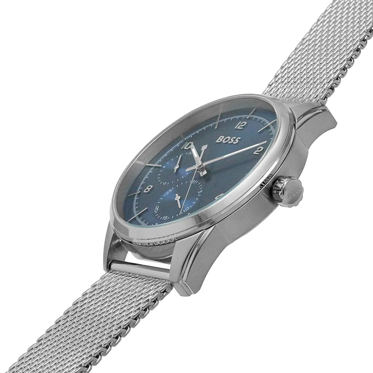 Hugo Boss Sophio watch side view showing case profile and mesh strap