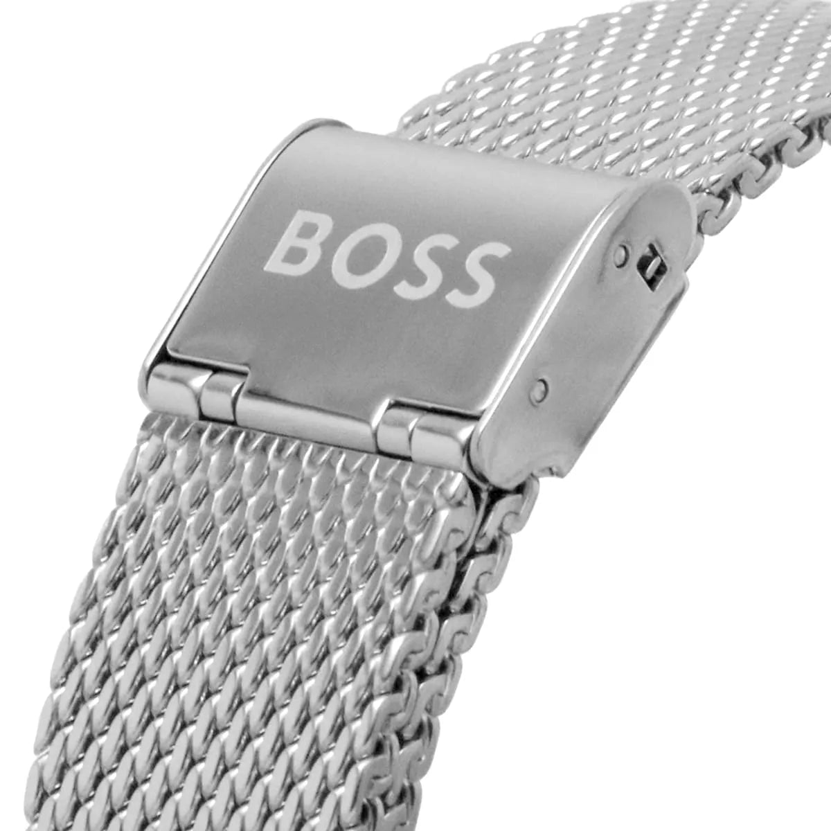 Hugo Boss Sophio silver mesh bracelet with fold-over clasp and branding