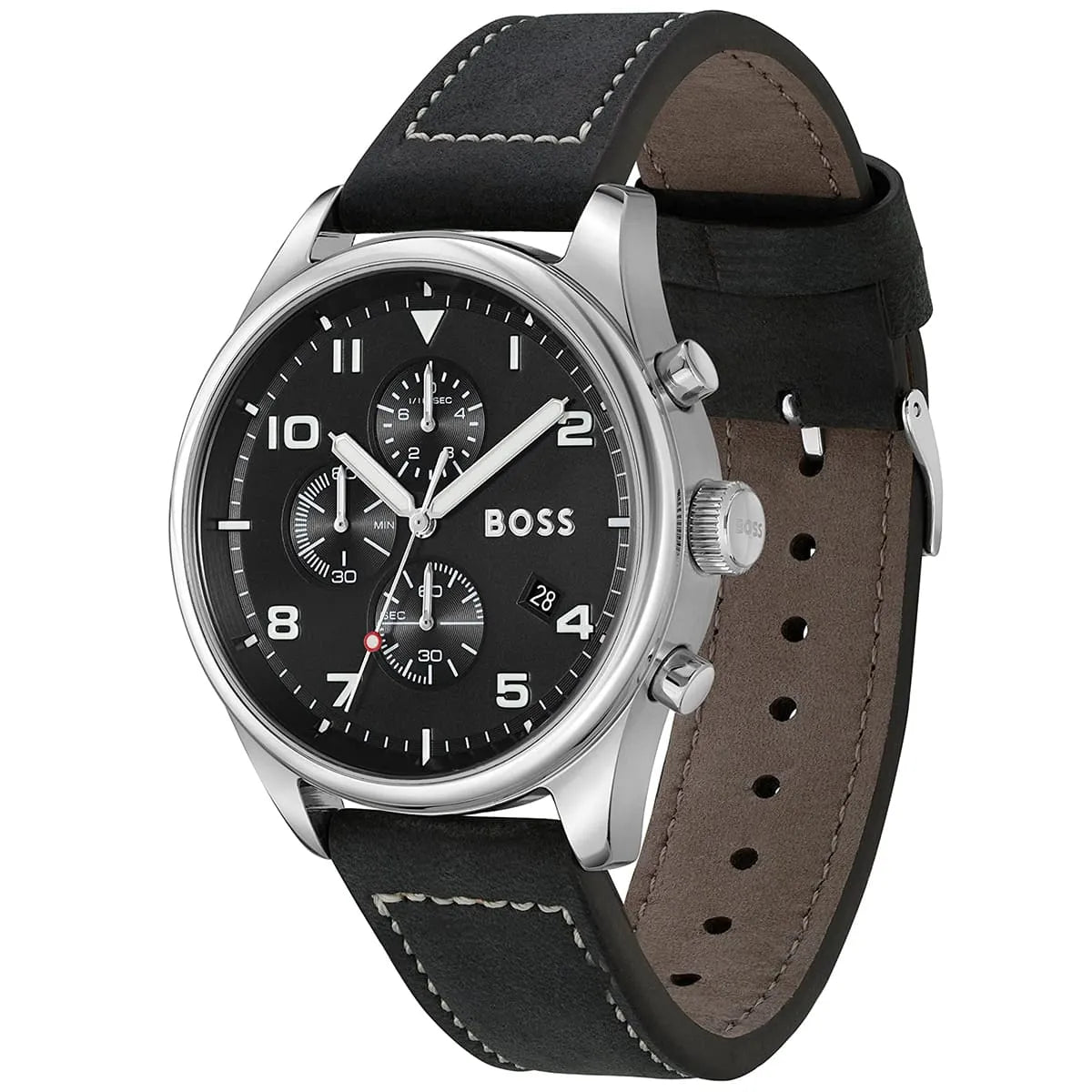 Hugo Boss View chronograph watch shown at angle displaying leather strap and side profile