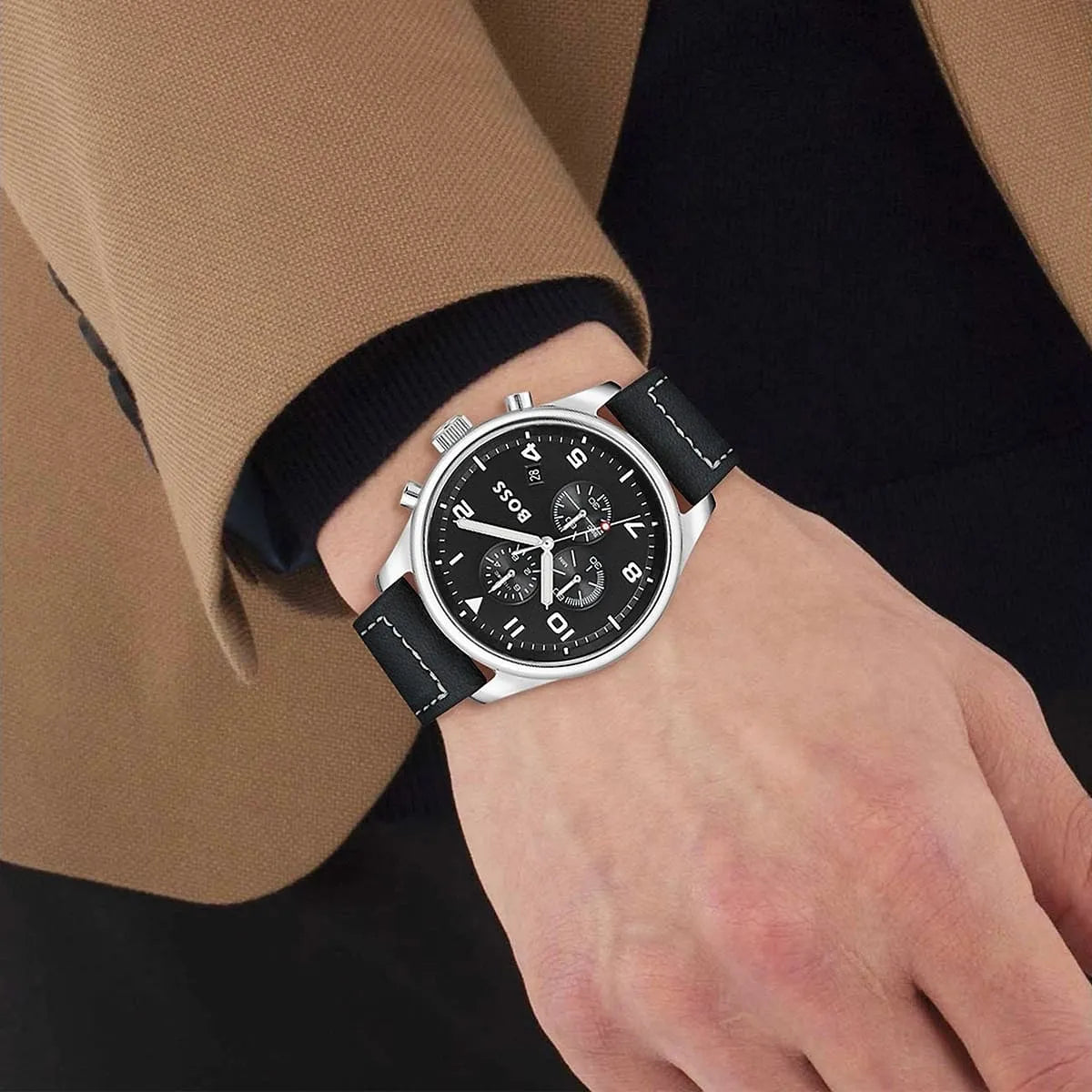 Hugo Boss View chronograph watch worn on wrist with black leather strap