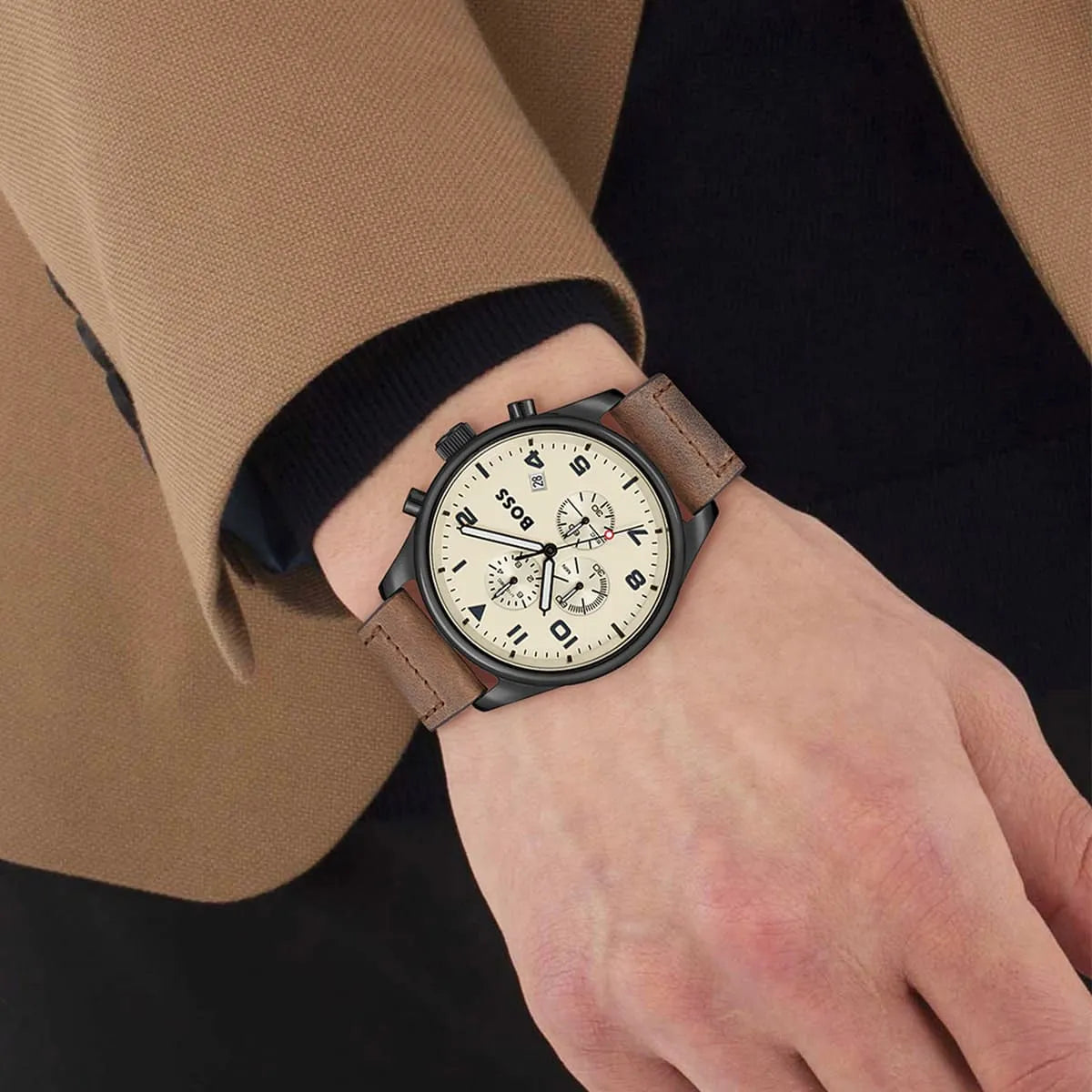 Hugo Boss View Chronograph Beige Dial Brown Leather Men's Watch 1513990