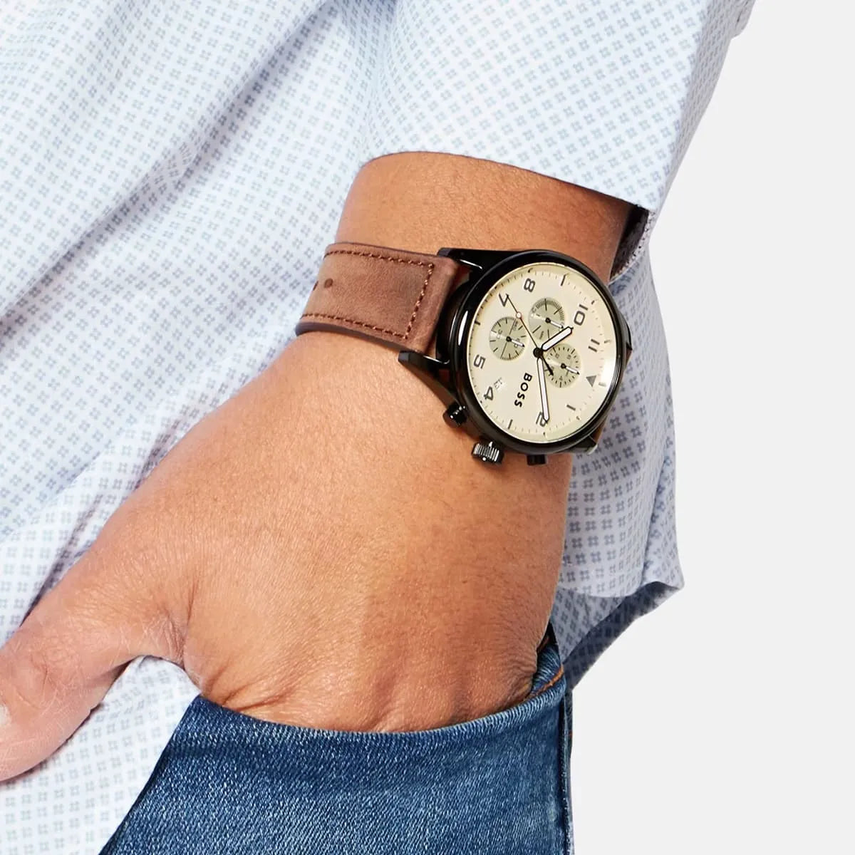 Hugo Boss View Chronograph Beige Dial Brown Leather Men's Watch 1513990
