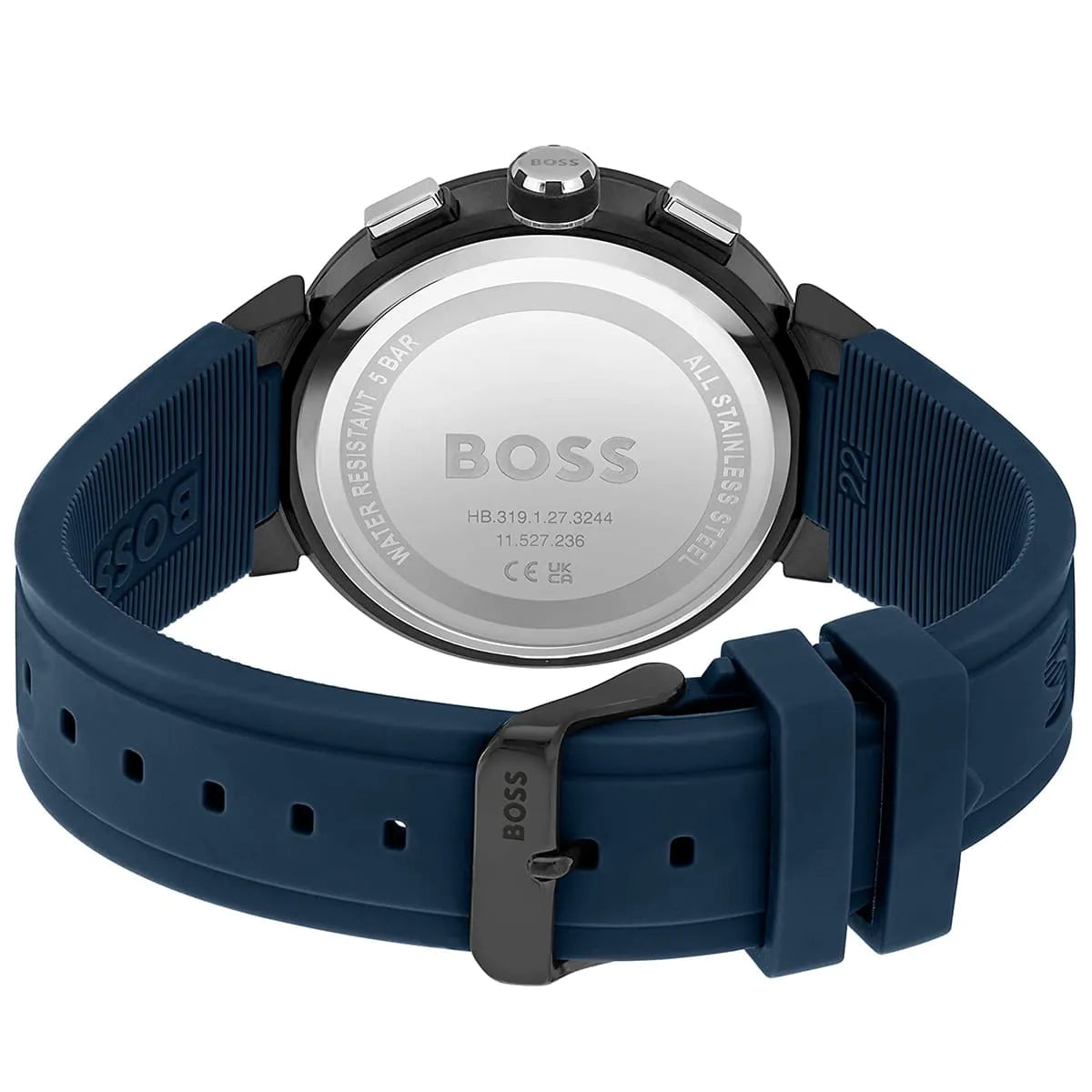 Caseback of Hugo Boss P-Lux watch showing engraved logo and model number HR3191307244