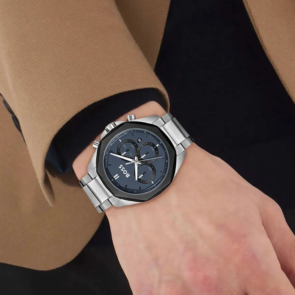 Hugo Boss Cloud chronograph watch with navy dial worn on wrist