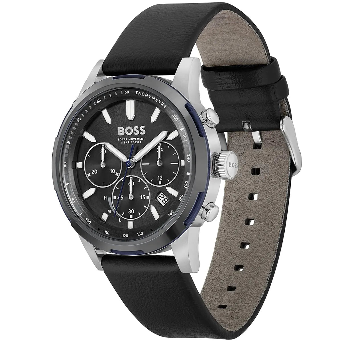 Side angle view of Hugo Boss Solgrade chronograph watch with black leather strap and deployant clasp