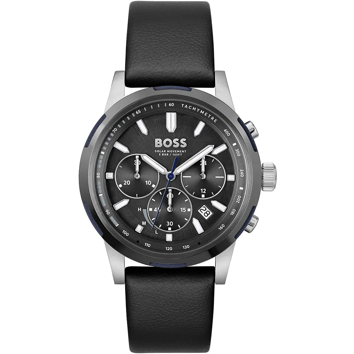 Hugo Boss Solgrade chronograph men's watch with black dial, silver case, and black leather strap