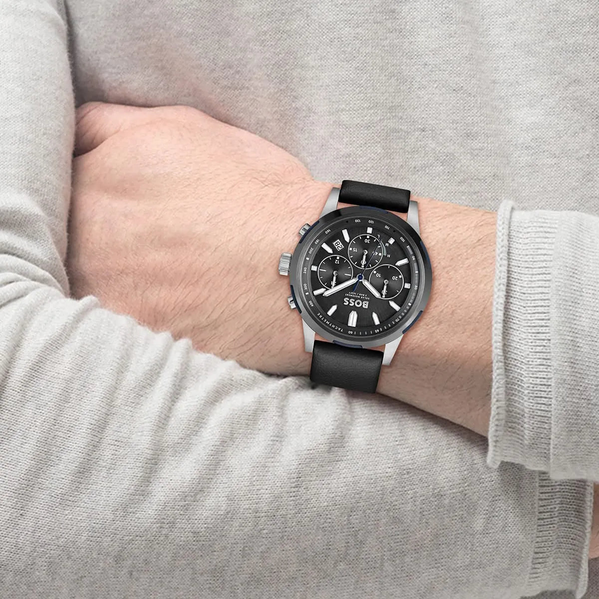 Hugo Boss Solgrade chronograph watch on wrist with black dial and leather strap
