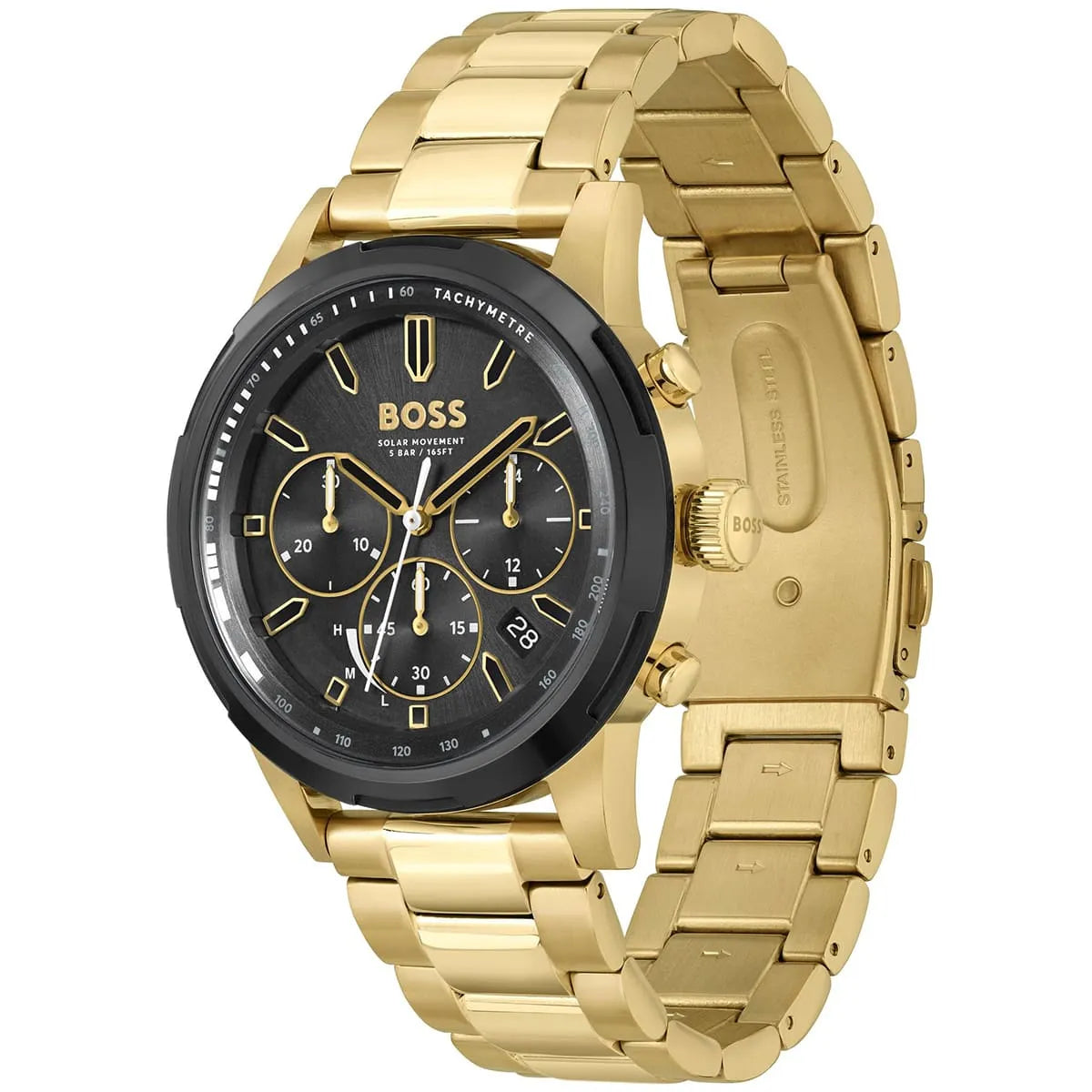Hugo Boss Solgrade watch showing gold bracelet side profile and black dial chronograph