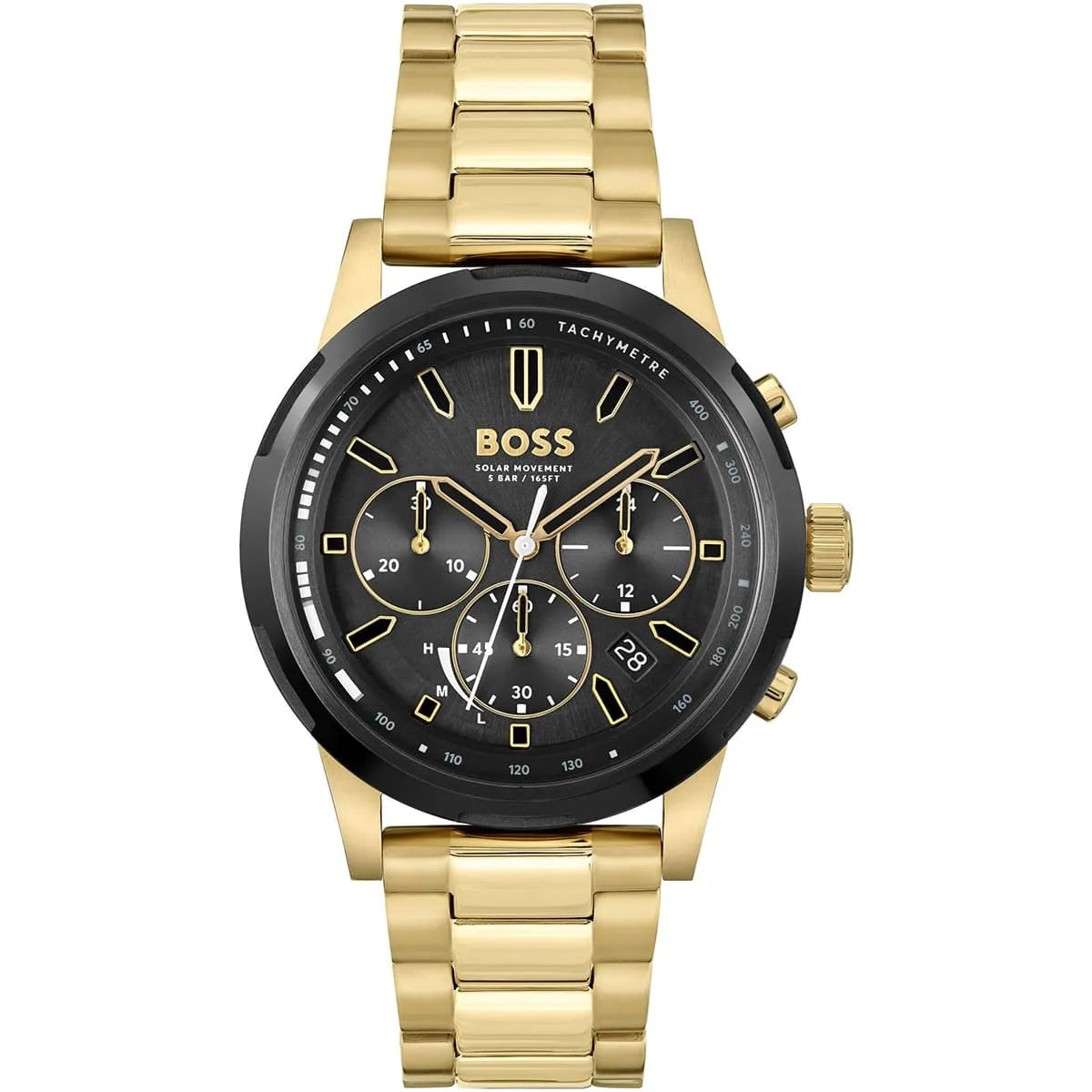 Hugo Boss Solgrade chronograph watch with black dial and gold stainless steel bracelet