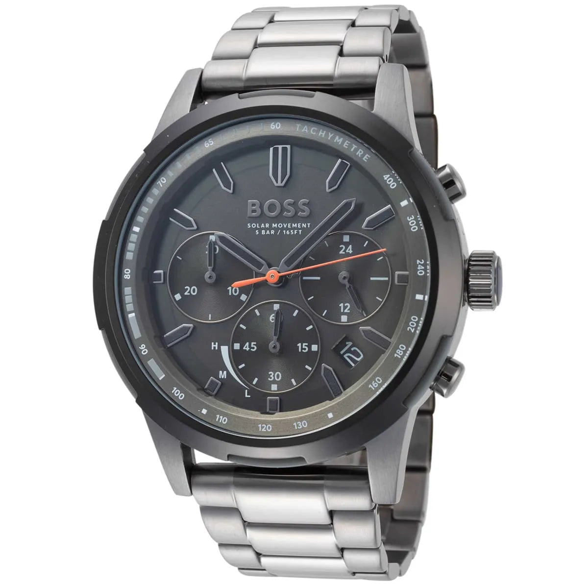Hugo Boss Solgrade men's watch displayed at angle showing black dial with chronograph subdials