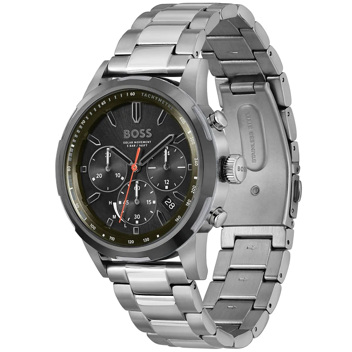 Side view of Hugo Boss Solgrade watch showing stainless steel case and metal bracelet