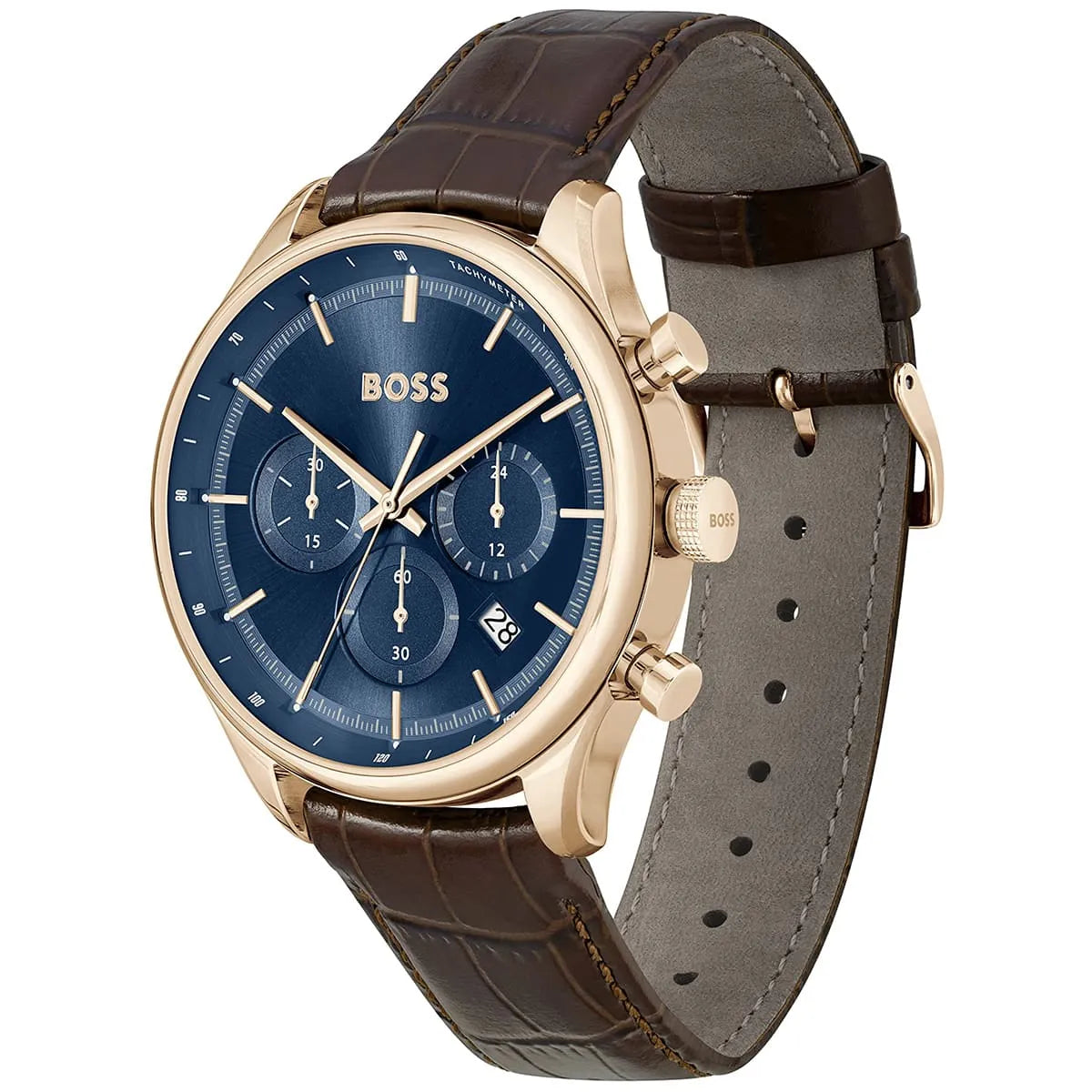 Hugo Boss Gregor chronograph watch side angle showing blue dial and brown croc-embossed strap