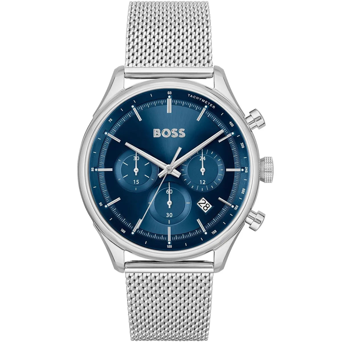 Hugo Boss Gregor chronograph watch with blue dial and silver mesh bracelet